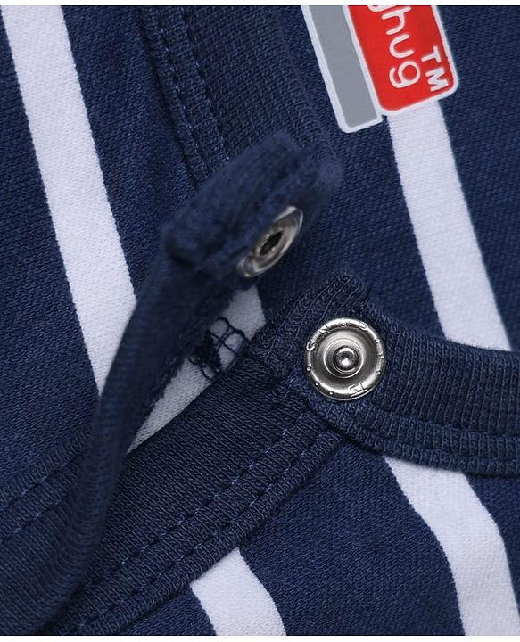 Babyhug 100% Cotton Knit Full Sleeves Striped Sleepsuit with Lion Print - Navy Blue