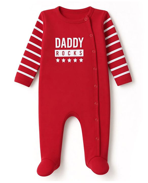 Babyhug 100% Cotton Knit Full Sleeves Sleepsuit with Daddy Rocks Print - Red