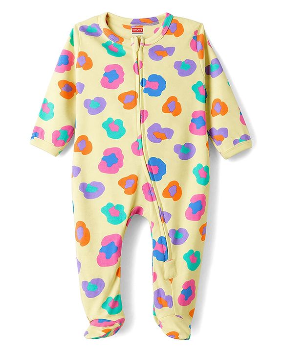 Babyhug 100% Cotton Knit Full Sleeves Printed Footed Sleepsuit - Yellow