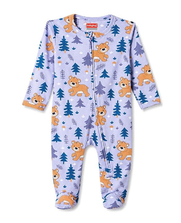 Babyhug 100% Cotton Knit Full Sleeves Footed Sleepsuit with Cub Print - Lavender