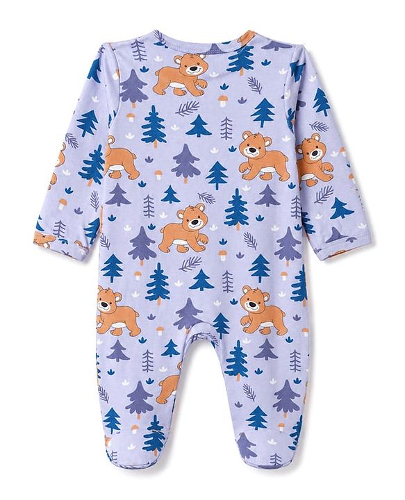 Babyhug 100% Cotton Knit Full Sleeves Footed Sleepsuit with Cub Print - Lavender