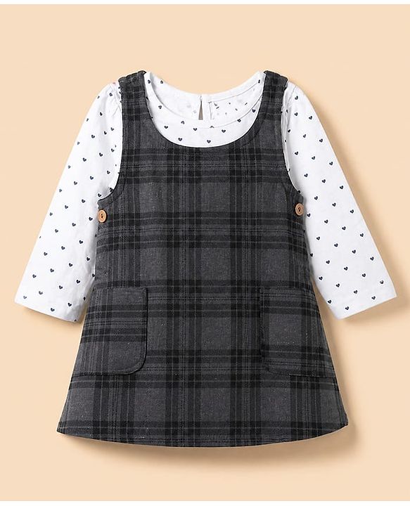 Babyhug Woven Frock With Full Sleeves Heart Printed Inner Tee - Grey