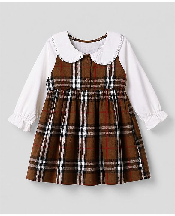 Babyhug Cotton Woven Frock with Full Sleeves and Checked Print in Brown