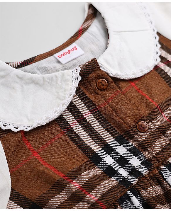 Babyhug Cotton Woven Frock with Full Sleeves and Checked Print in Brown