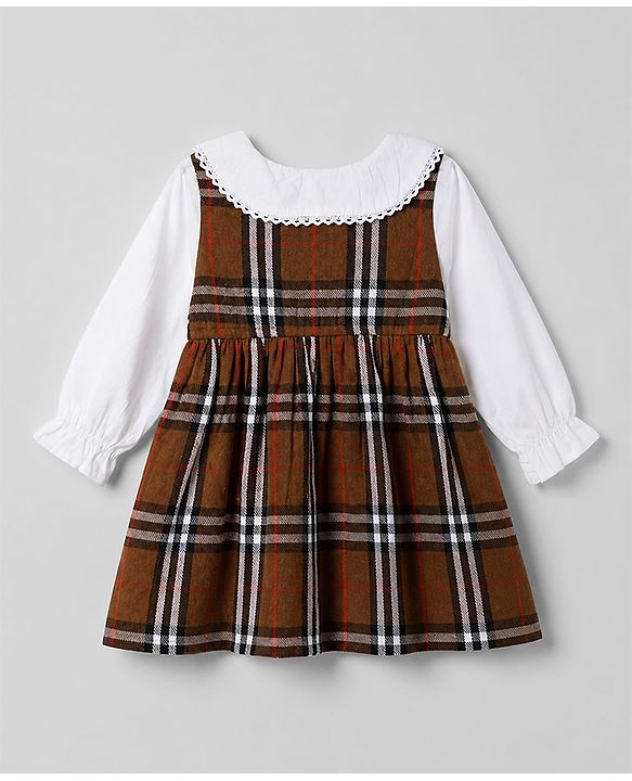 Babyhug Cotton Woven Frock with Full Sleeves and Checked Print in Brown