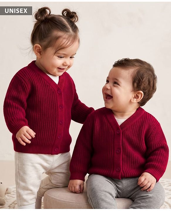 Babyhug Knit Full Sleeves Solid Colour Front Open Sweater - Maroon