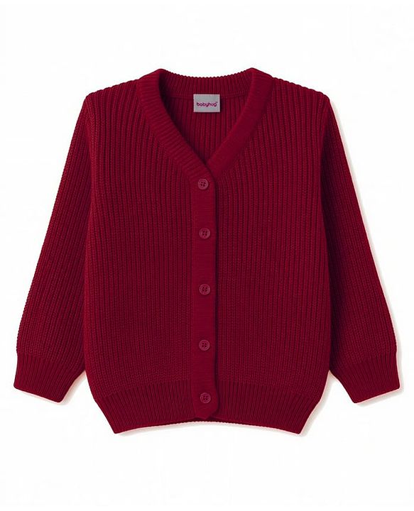 Babyhug Knit Full Sleeves Solid Colour Front Open Sweater - Maroon