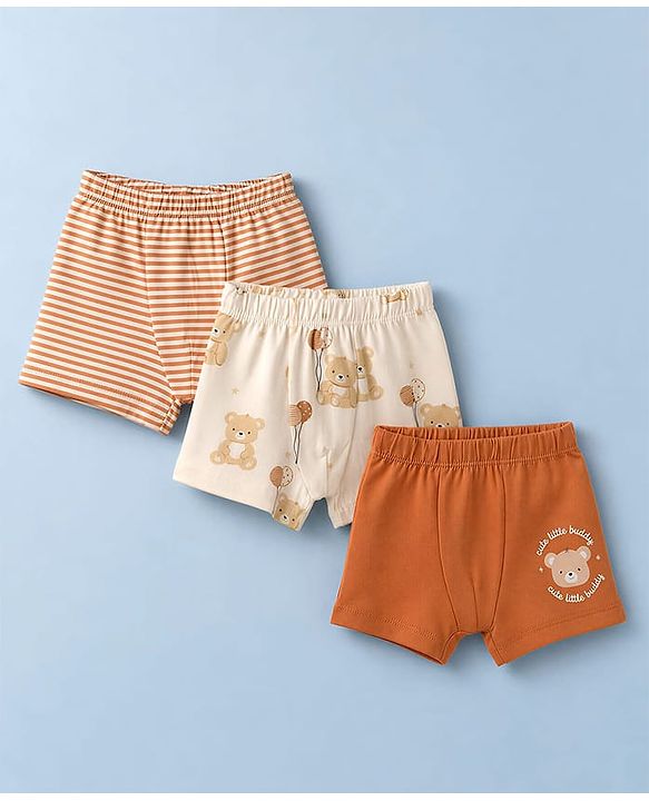 Babyhug 100% Cotton Single Jersey Knit Antibacterial Striped Trunks With Teddy Print Pack of 3 - OffWhite, Orange & Rust Orange