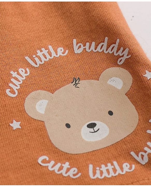 Babyhug 100% Cotton Single Jersey Knit Antibacterial Striped Trunks With Teddy Print Pack of 3 - OffWhite, Orange & Rust Orange
