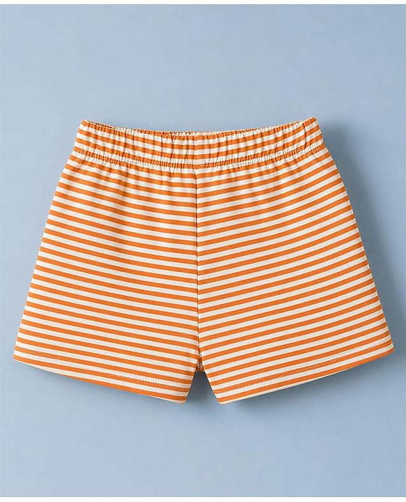 Babyhug 100% Cotton Single Jersey Knit Antibacterial Striped Trunks With Teddy Print Pack of 3 - OffWhite, Orange & Rust Orange