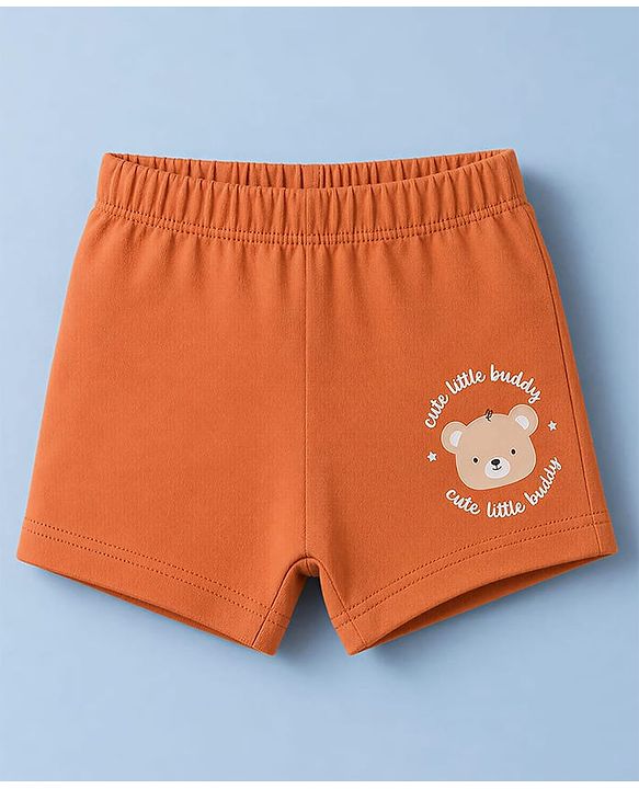 Babyhug 100% Cotton Single Jersey Knit Antibacterial Striped Trunks With Teddy Print Pack of 3 - OffWhite, Orange & Rust Orange