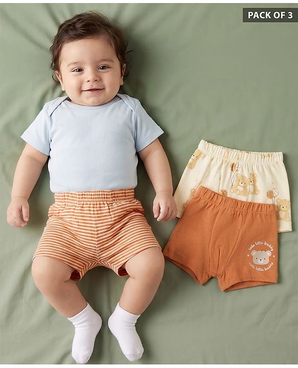 Babyhug 100% Cotton Single Jersey Knit Antibacterial Striped Trunks With Teddy Print Pack of 3 - OffWhite, Orange & Rust Orange