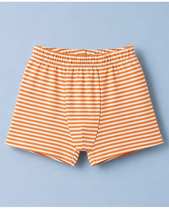 Babyhug 100% Cotton Single Jersey Knit Antibacterial Striped Trunks With Teddy Print Pack of 3 - OffWhite, Orange & Rust Orange