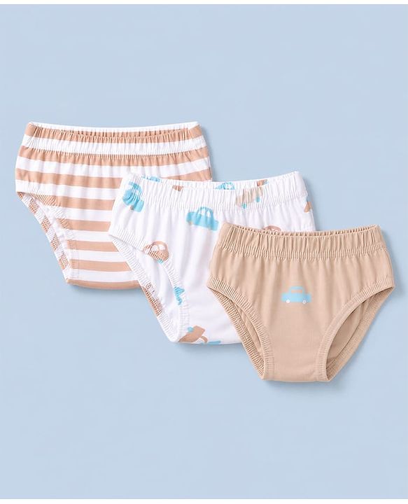 Babyhug 100% Cotton Single Jersey Knit Antibacterial Striped Briefs With Car Print Pack of 3 - Light Brown & White
