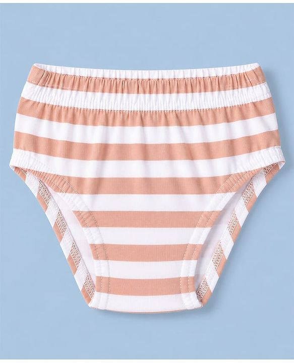 Babyhug 100% Cotton Single Jersey Knit Antibacterial Striped Briefs With Car Print Pack of 3 - Light Brown & White
