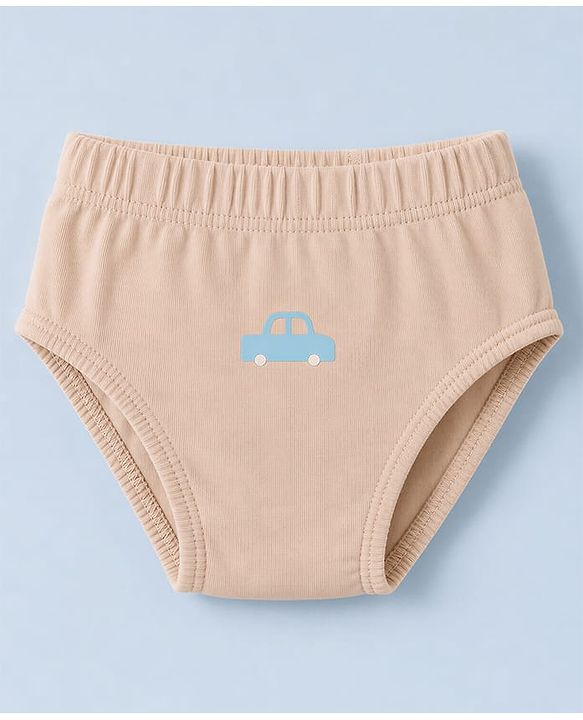 Babyhug 100% Cotton Single Jersey Knit Antibacterial Striped Briefs With Car Print Pack of 3 - Light Brown & White