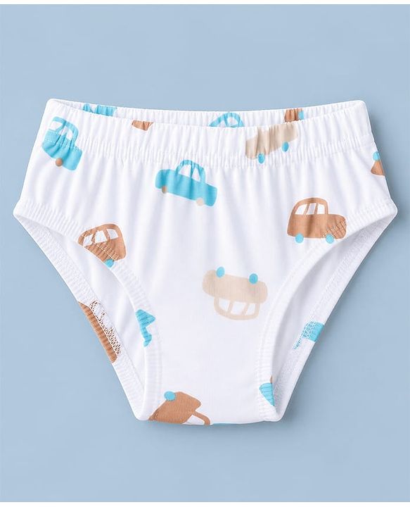 Babyhug 100% Cotton Single Jersey Knit Antibacterial Striped Briefs With Car Print Pack of 3 - Light Brown & White