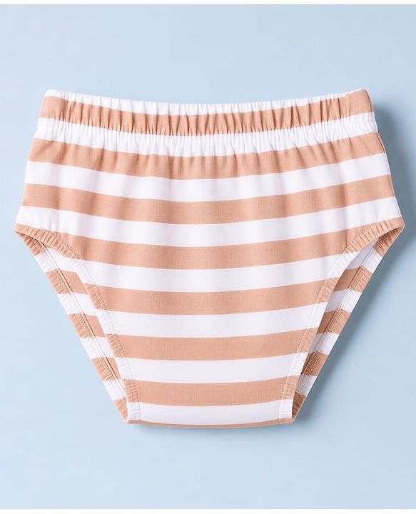 Babyhug 100% Cotton Single Jersey Knit Antibacterial Striped Briefs With Car Print Pack of 3 - Light Brown & White