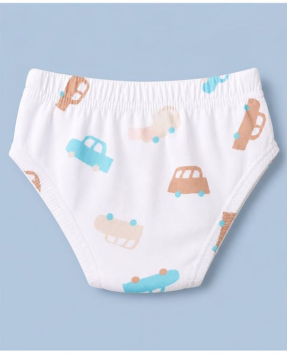 Babyhug 100% Cotton Single Jersey Knit Antibacterial Striped Briefs With Car Print Pack of 3 - Light Brown & White