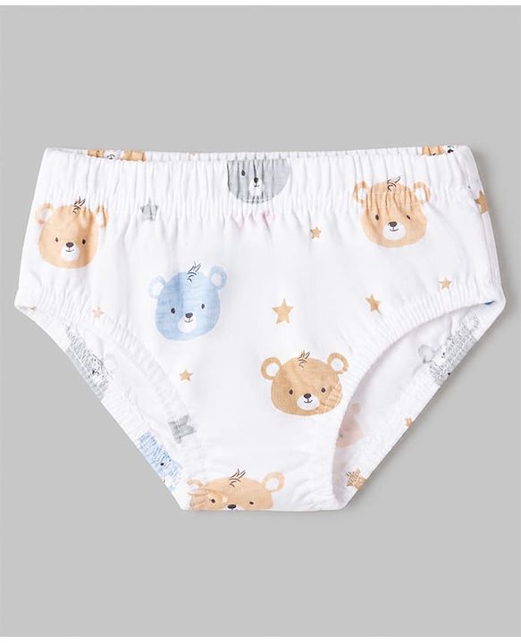 Babyhug 100% Cotton Single Jersey Knit Striped Antibacterial Briefs with Bear & Star Print Pack of 3 - White, Light Brown, Light Blue