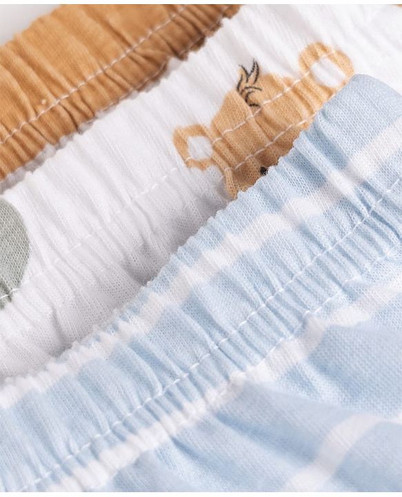 Babyhug 100% Cotton Single Jersey Knit Striped Antibacterial Briefs with Bear & Star Print Pack of 3 - White, Light Brown, Light Blue