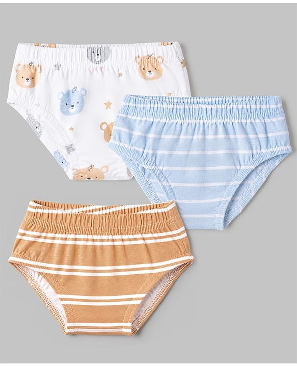 Babyhug 100% Cotton Single Jersey Knit Striped Antibacterial Briefs with Bear & Star Print Pack of 3 - White, Light Brown, Light Blue