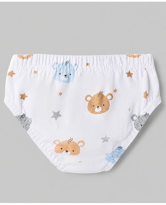 Babyhug 100% Cotton Single Jersey Knit Striped Antibacterial Briefs with Bear & Star Print Pack of 3 - White, Light Brown, Light Blue