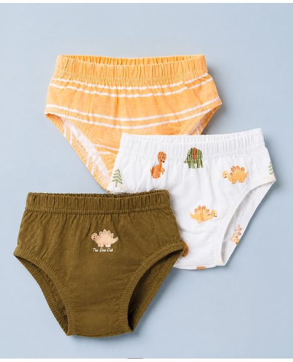 Babyhug 100% Cotton Single Jersey Knit Antibacterial Briefs with Stripes & Dinosaur Print Pack of 3 - Yellow White & Olive Green