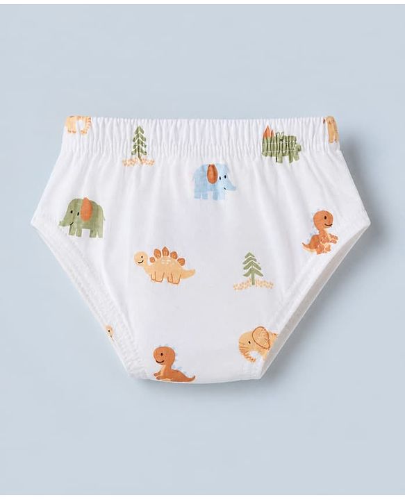 Babyhug 100% Cotton Single Jersey Knit Antibacterial Briefs with Stripes & Dinosaur Print Pack of 3 - Yellow White & Olive Green