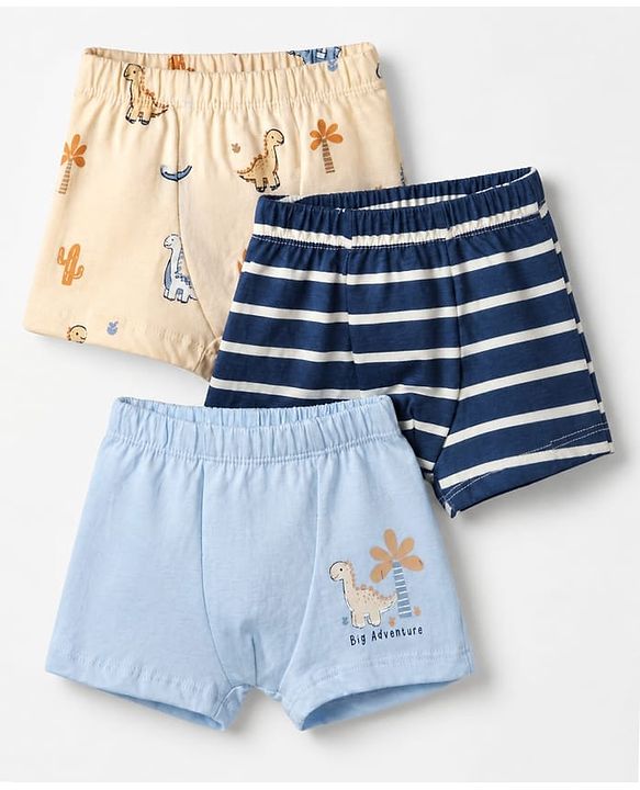 Babyhug 100% Cotton Single Jersey Knit Briefs with Striped & Dino Print Pack of 3 in Navy Blue & Cream
