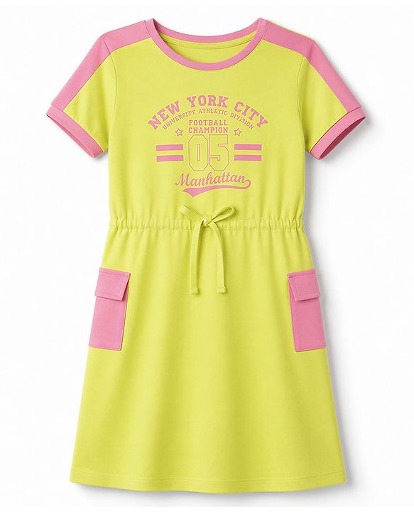 Pine Kids Cotton Knit Dress with Short Sleeves and New York City Print in Limegreen for 4-5 Years