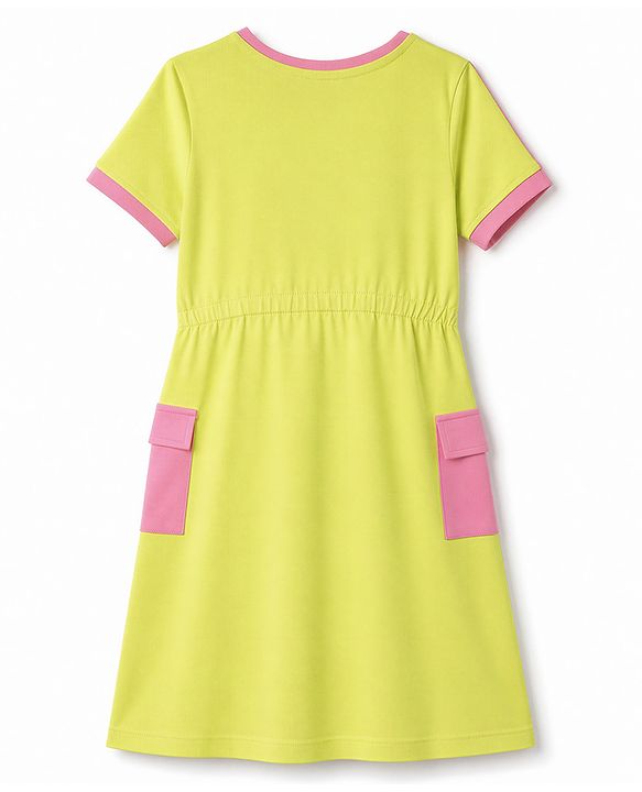 Pine Kids Cotton Knit Dress with Short Sleeves and New York City Print in Limegreen for 4-5 Years