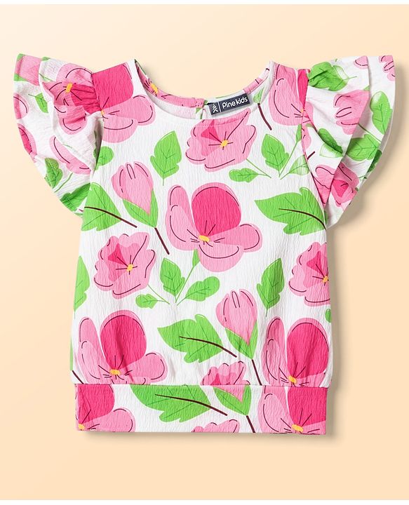 Pine Kids Woven Half Sleeves Top With Floral Print - White