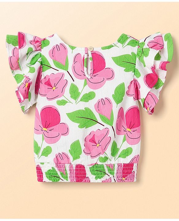 Pine Kids Woven Half Sleeves Top With Floral Print - White