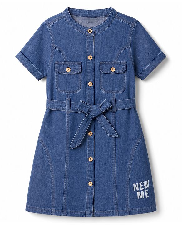 Pine Kids Cotton Woven Half Sleeves Shirt Dress with New Me Print - Navy Blue
