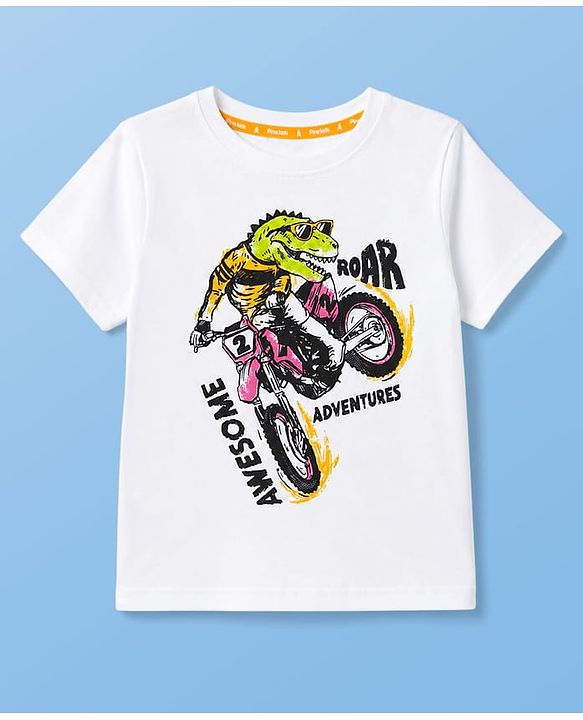 Pine Kids Cotton Knit Half Sleeves T-Shirt with Roar Awesome Adventures Print -White