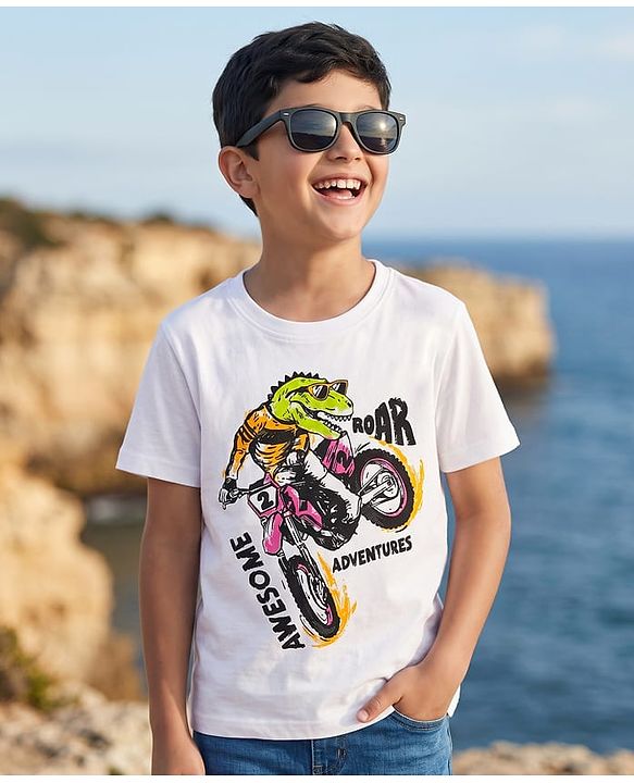 Pine Kids Cotton Knit Half Sleeves T-Shirt with Roar Awesome Adventures Print -White