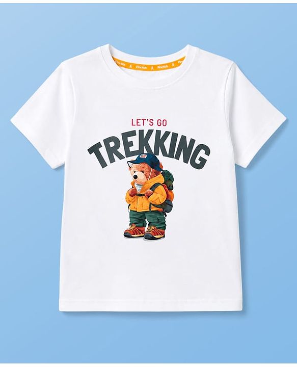 Pine Kids Cotton Knit Half Sleeves T-Shirt with Bear & Let' Go Trekking Print - White