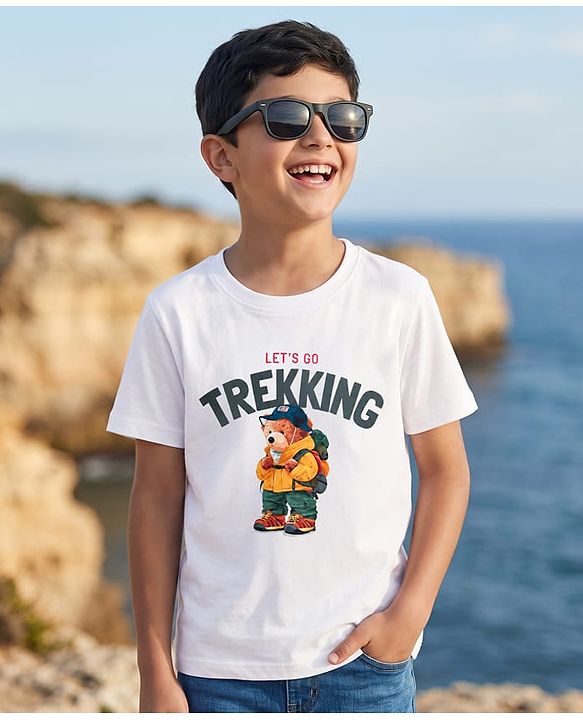 Pine Kids Cotton Knit Half Sleeves T-Shirt with Bear & Let' Go Trekking Print - White