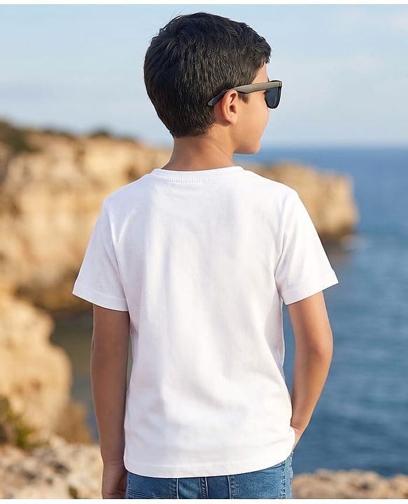 Pine Kids Cotton Knit Half Sleeves T-Shirt with Bear & Let' Go Trekking Print - White