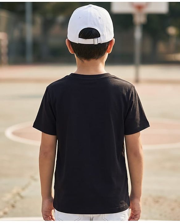 Pine Kids Cotton Knit Half Sleeves T-Shirt with Bear & Text Print - Black