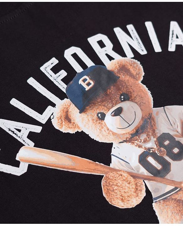 Pine Kids Cotton Knit Half Sleeves T-Shirt with Bear & Text Print - Black