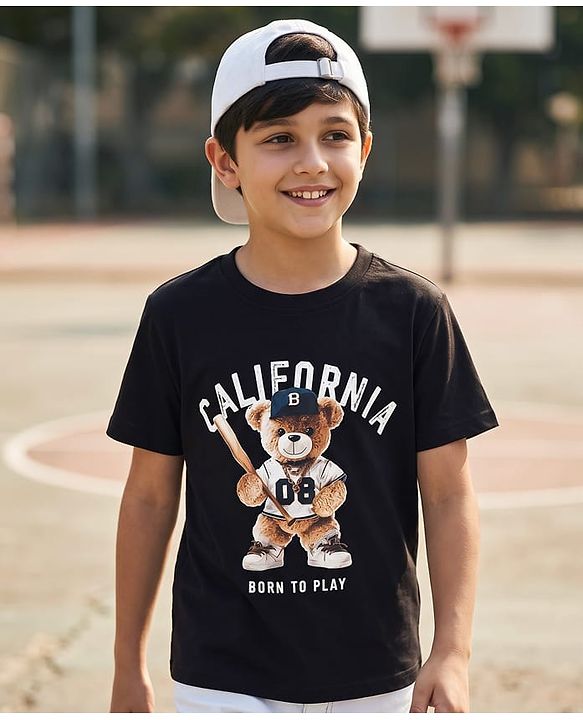 Pine Kids Cotton Knit Half Sleeves T-Shirt with Bear & Text Print - Black