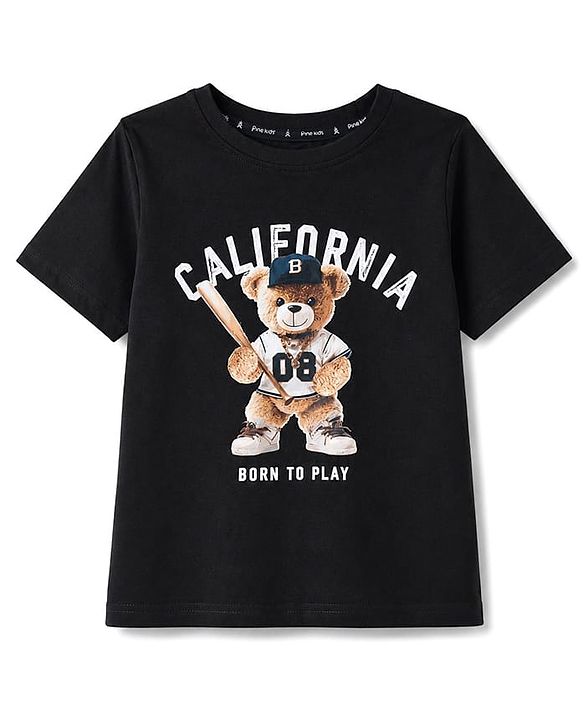 Pine Kids Cotton Knit Half Sleeves T-Shirt with Bear & Text Print - Black