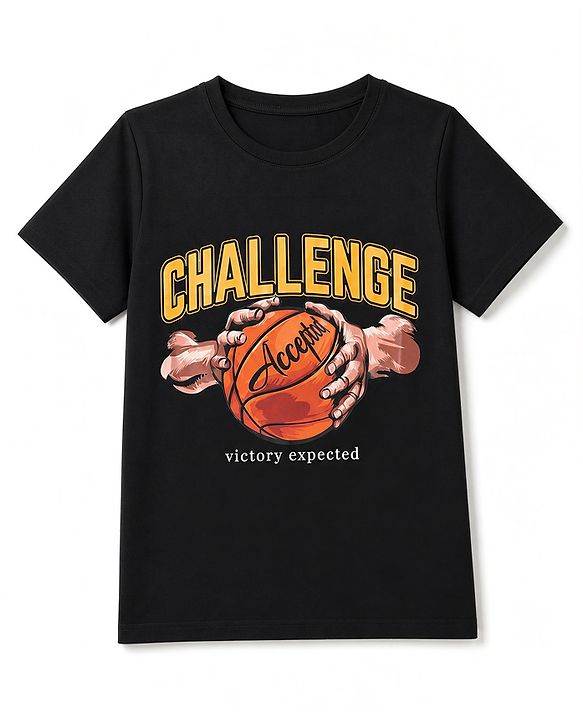 Pine Kids Cotton Knit Half Sleeves T-Shirt with Basketball Graphic - Black