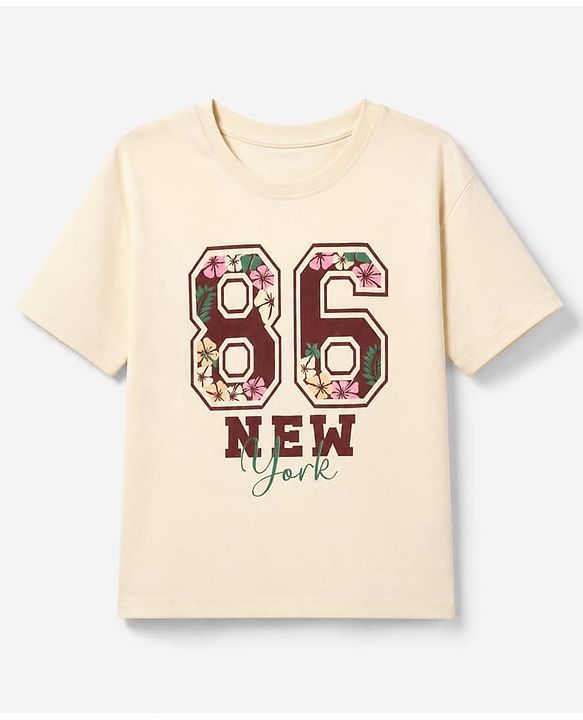 Pine Kids 100% Cotton Knit T-Shirt with Half Drop Shoulder Sleeves and 86 New York Floral Print - Off White