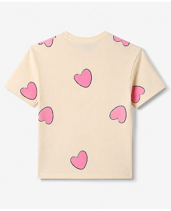 Pine Kids 100% Cotton Knit T-Shirt with Half Sleeves and Hearts Print - Cream