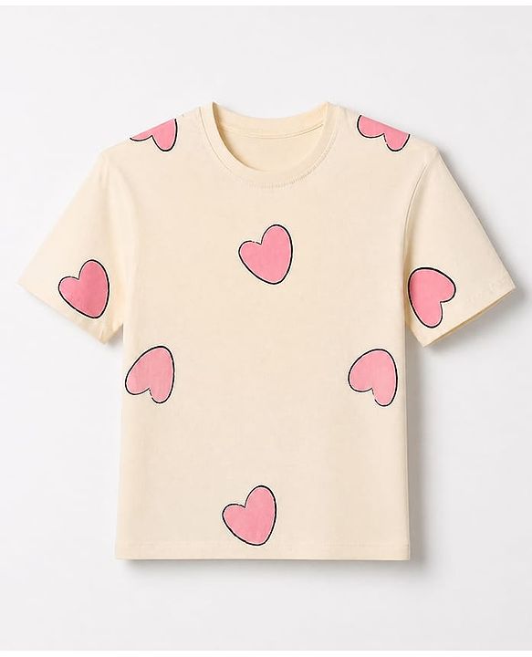 Pine Kids 100% Cotton Knit T-Shirt with Half Sleeves and Hearts Print - Cream