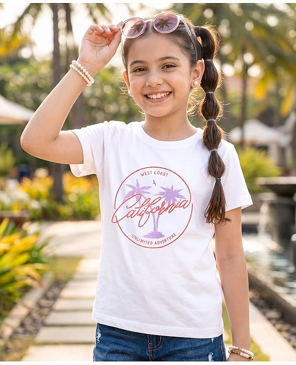 Pine Kids Cotton Knit Half Sleeves T-Shirt with California Unlimited Adventure Print - White