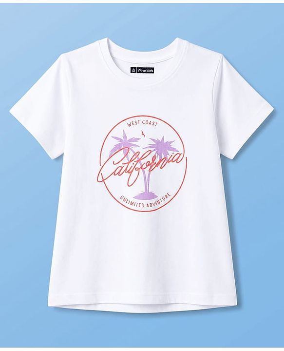 Pine Kids Cotton Knit Half Sleeves T-Shirt with California Unlimited Adventure Print - White